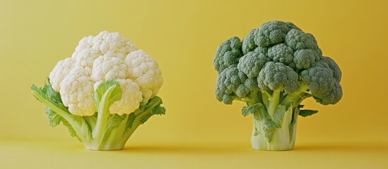 Poster - Fresh green broccoli beside white cauliflower on a vibrant yellow background showcasing the natural beauty and freshness of vegetables
