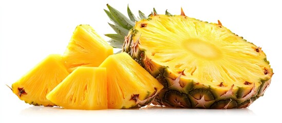 Poster - Vibrant fresh pineapple sliced with yellow flesh and green leaves displayed on a stark white background showcasing its unique texture and shape