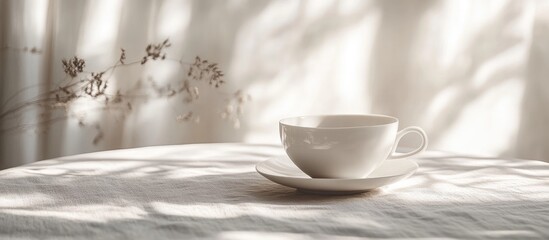 Poster - Minimalist white porcelain teacup on a softly lit table with gentle shadow patterns, creating a serene and tranquil atmosphere for tea enthusiasts.