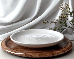 Poster - Empty white plate on wooden tray with fabric backdrop.