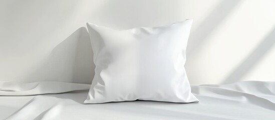 Poster - White square pillow resting on a soft white fabric surface with natural light casting subtle shadows, creating a serene and minimalist atmosphere.