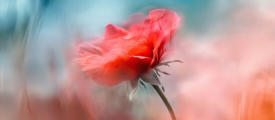 Aufkleber - Elegant red rose with a blurred blue and pink background, softly highlighting its petals, creating a serene and delicate atmosphere.