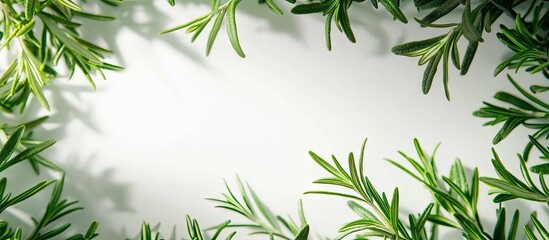 Aufkleber - Vibrant green rosemary leaves arranged along the edges of a soft white background showcasing their rich texture and aromatic appeal.