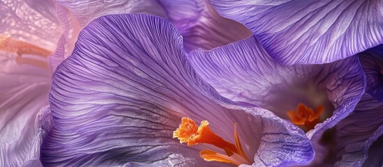 Poster - Macro shot of delicate purple crocus petals with intricate textures and vibrant orange stigmas highlighted against soft pastel backgrounds