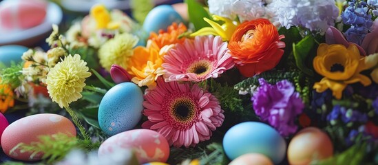 Poster - Vibrant Easter table arrangement with colorful eggs nestled among bright flowers including gerbera daisies and mixed seasonal blooms on display
