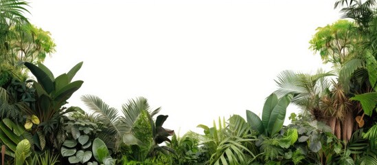 Poster - Lush tropical foliage forming a vibrant green frame with varied leaf shapes positioned symmetrically around a bright white background.