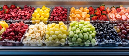 Poster - Vibrant display of assorted fruits featuring raspberries, strawberries, bananas, grapes, blackberries, and citrus fruits in organized trays