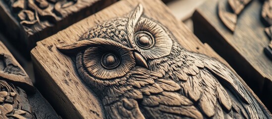 Poster - Intricately carved wooden block featuring a detailed owl design in warm browns and soft shadows, perfect for artistic and creative projects