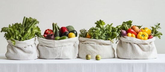 Poster - Four linen bags filled with vibrant vegetables and fruits arranged in a row on a white table showcasing healthy, eco-friendly produce freshness.