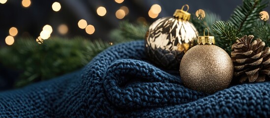 Aufkleber - Cozy blue knitted blanket with gold Christmas ornaments and pine cones against a dark background creating a festive holiday ambiance.
