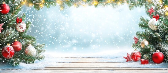 Aufkleber - Festive Christmas background with red and gold ornaments on green fir trees flanking a light wooden deck, adorned with snow and glowing lights.