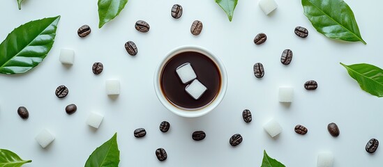 Poster - Espresso coffee in white cup with sugar cubes and coffee beans on green leaves top view arrangement vibrant colors eye-catching composition