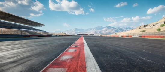 Poster - Vast empty asphalt race track with a red pit straight under a clear blue sky featuring mountains in the background, designed for high-speed racing.