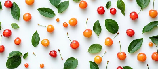 Poster - Vibrant assortment of fresh cherries in red and yellow hues with lush green leaves, artfully spread across a clean white background from a top view perspective.