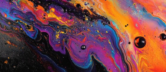 Poster - Vibrant abstract swirl of purple, orange, and black fluid paint with glossy textures and round black elements, creating a captivating visual effect