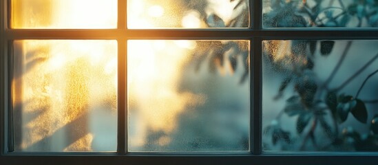 Poster - Serene morning light filters through a frosted glass window, highlighting soft shadows and a warm golden hue against a tranquil backdrop.