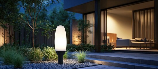 Poster - Sleek white oval streetlamp glowing softly in a modern outdoor setting surrounded by green plants and stone pathway illuminated under night sky