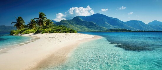 Poster - Serene tropical beach with white sand curving into clear turquoise waters under a bright blue sky and lush green mountains in the background