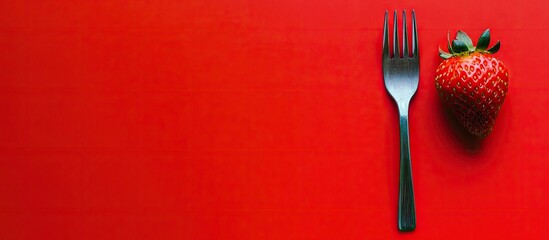 Poster - Juicy red strawberry next to a silver fork on a bold red background highlighting a vibrant and appetizing healthy snack option