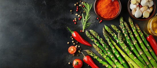 Poster - Vibrant green asparagus spears with spices and fresh herbs arranged on a dark slate table with colorful peppers and tomatoes for a gourmet presentation