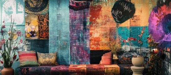 Poster - Vibrant eclectic media backdrop featuring rich textures with teal blue, orange, and purple hues, creating a creative and artistic atmosphere
