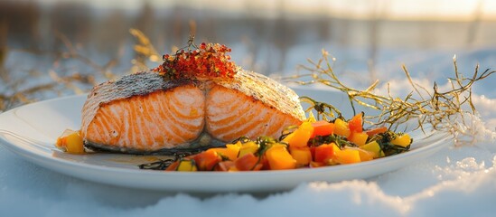 Poster - Grilled salmon steak garnished with herbs on a white plate, served with colorful pickled vegetables and seaweed salad, against a snowy background