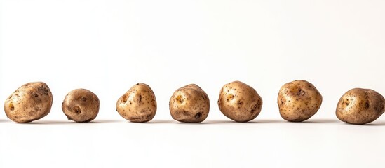 Aufkleber - Fresh child potatoes arranged in a line against a white background, displaying earthy tones and unique textures, emphasizing freshness and appeal.
