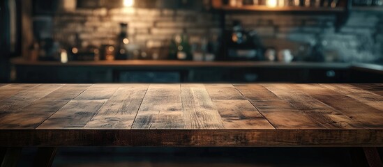 Poster - Inviting empty wooden tabletop in foreground with rich brown hues set against a softly blurred rustic kitchen background highlighting versatility