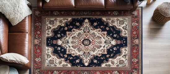 Poster - Traditional Persian rug with intricate floral motifs in deep blue, cream, and red hues, positioned centrally on a wooden floor beneath a leather sofa.