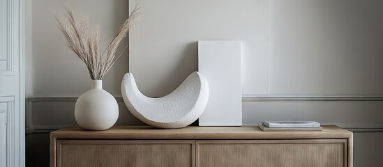 Leinwandbilder - Minimalist decor display featuring a white vase with dried plants, a curved white sculpture, and a rectangular white object on a wooden sideboard.