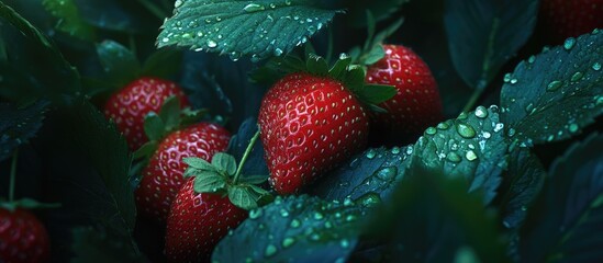 Aufkleber - Fresh ripe strawberries nestled among dark green leaves glistening with dew droplets in a dimly lit setting showcasing rich textures.