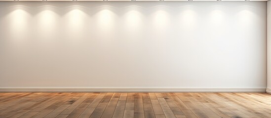 Poster - Spacious empty room featuring a bright white wall illuminated by soft overhead spotlights and warm wooden floorboards creating a modern ambiance