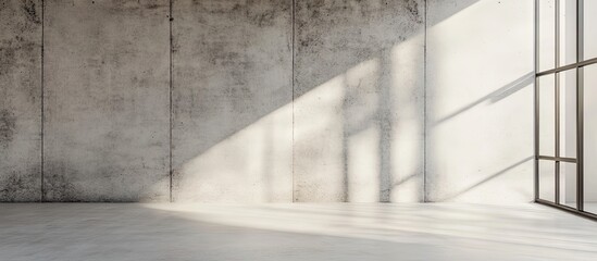 Aufkleber - Modern minimalist interior with textured concrete walls and large window casting soft shadows, light gray tones with bright white highlights.