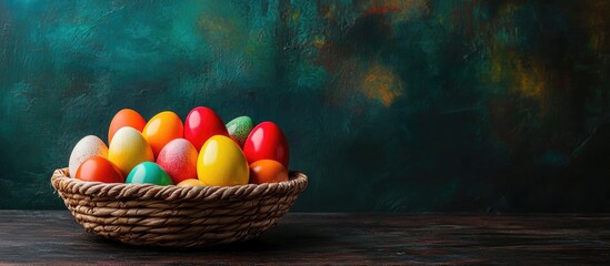 Poster - Colorful Easter eggs in a wicker basket positioned center foreground on wooden surface, set against a textured dark green and brown background.