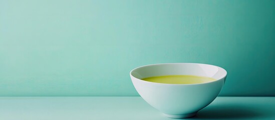 Aufkleber - Inviting green pea soup in a white bowl against a soft teal background highlighting the vibrant green color creating a fresh appetizing look