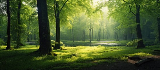 Poster - Lush green forest landscape with sunlight filtering through tall trees creating a serene atmosphere vibrant with greenery and soft shadows