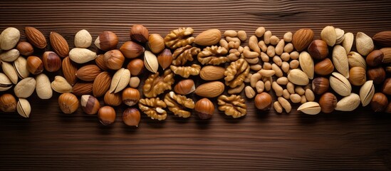 Poster - Assorted nuts including almonds, walnuts, hazelnuts, and peanuts arranged in a natural pattern on a dark wooden background.
