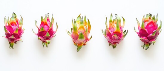 Poster - Vibrant dragon fruits in a line on a white background showcasing vivid pink and green hues and unique textures for eye-catching designs.