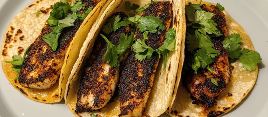Aufkleber - Delicious blackened fish tacos on warm tortillas garnished with fresh cilantro against a light background creating an appetizing meal presentation