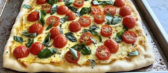 Poster - Freshly baked margarita pizza on a baking tray, featuring a golden crust, vibrant red cherry tomatoes, and green basil leaves scattered on top.