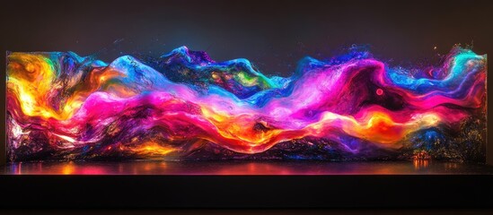 Aufkleber - Vibrant neon waves in pink blue and orange gracefully ripple across a dark surface creating a mesmerizing display of fluid motion and colors