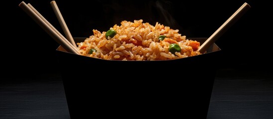 Aufkleber - Fried rice in a black box with chopsticks, steam rising, vibrant rice colors enhance the dark background for a delicious and striking food display