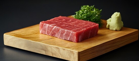 Poster - Fresh sashimi slice on a wooden board with vibrant wasabi and green garnish in the background against a dark surface creating an elegant dining scene