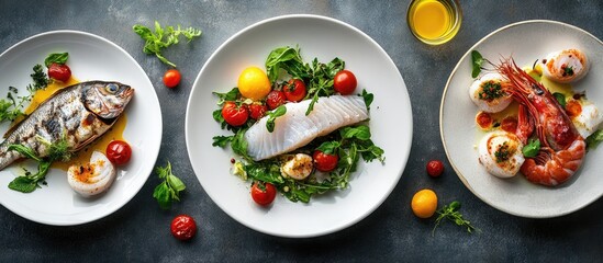 Poster - Vibrant food photography featuring three elegant plates arranged with grilled fish cherry tomatoes and fresh herbs on a dark textured background