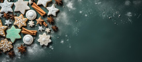 Poster - Festive winter pastry cookies with icing and star toppings arranged on dark green background with scattered flour and space for text on the right