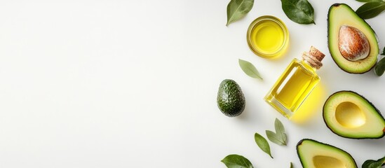 Poster - Fresh avocado halves, a bottle of golden avocado oil, and green leaves on a light cream background, arranged from top left to bottom right.