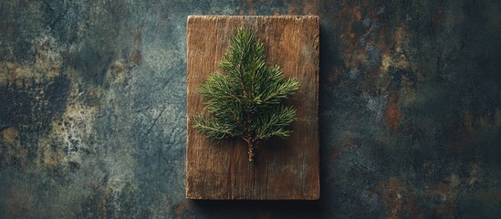 Leinwandbilder - Artistic flat lay of a vibrant pine branch centered on a rustic wooden board, set against a textured dark blue-green background.