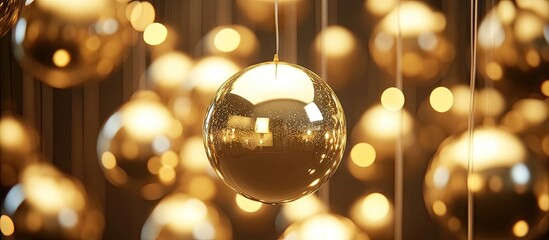 Aufkleber - Shiny gold metallic balloons suspended against a soft blurred warm light background create a luxurious festive atmosphere ideal for celebrations