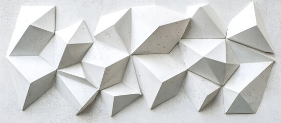 Poster - Modern abstract geometric design featuring white 3D textured triangles arranged asymmetrically on a light gray background, ideal for creative projects.