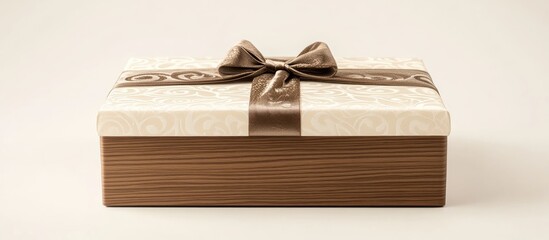 Poster - Elegant gift box in cream and brown tones positioned centrally on a soft beige background, showcasing sophistication and simplicity for any occasion.